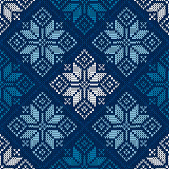Winter Holiday Seamless Knitted Pattern with Snowflakes. Christmas and New Year Design Background. Traditional Knitting Sweater Design