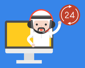 Cute arab saudi businessman with headphone in computer screen, business service or call center concept