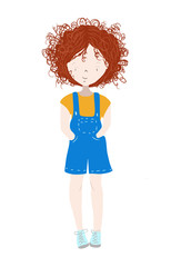 Cute and happy child, girl with curly red hair - Hand drawn vector illustration isolated on white