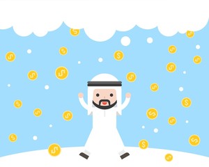 Happy Cute arab saudi businessman under falling money from cloud in snowfield, business situation wealthy concept