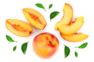 ripe nectarine with leaves isolated on white background. Top view. Flat lay pattern