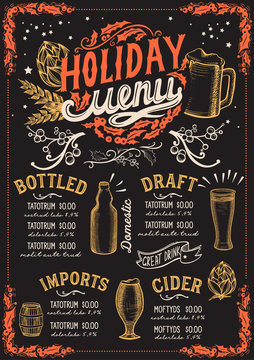 Christmas menu template for beer restaurant on a blackboard.