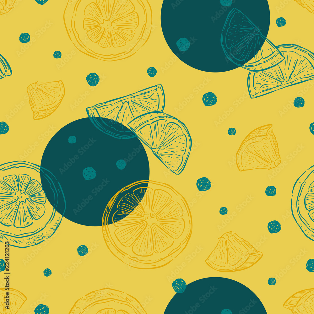 Wall mural fresh lemons background, seamless pattern hand drawn vector.