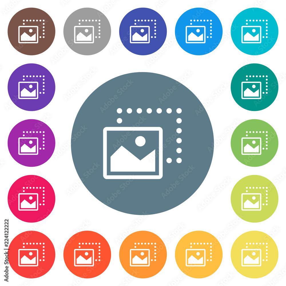 Poster drag image to bottom left flat white icons on round color backgrounds