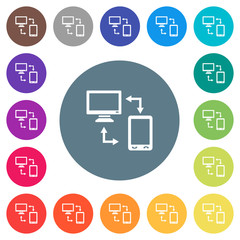 Syncronize mobile with computer flat white icons on round color backgrounds