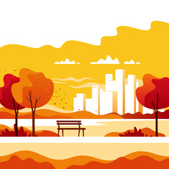 Autumn landscape. City park with town buildings on a background. Vector illustration.