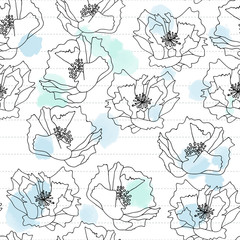 Poppy flowers on abstract watercolor splashes background. Floral vector seamless pattern with hand drawn  flowers.