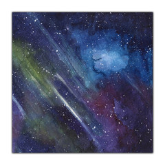 Universe background - watercolor hand-drawn illustration, squared card isolated on white background. Cosmic space