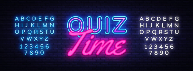 Quiz Time neon sign vector. Quiz Pub Design template neon sign, light banner, neon signboard, nightly bright advertising, light inscription. Vector illustration. Editing text neon sign