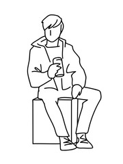Man sitting on cube with can of soda or other soft drink. Black lines isolated on white background. Consept. Vector illustration of man in simple line art style. Monochromatic hand drawn sketch