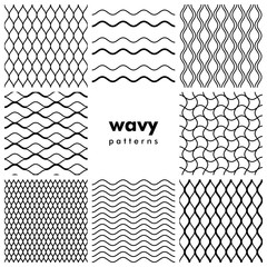 Set of wavy black and white seamless patterns