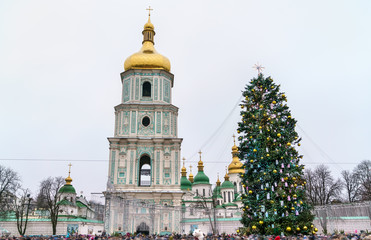 Christmas tree and Saint Sophia Cathedral, a UNESCO world heritage site in Kiev, Ukraine
