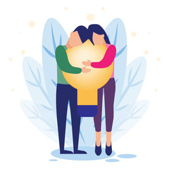 Business concept vector illustration man and woman  holding a lamp in their  hands. Man and woman hugs a lamp, concept of new ideas.
