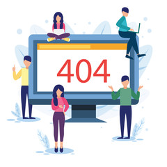 Business concept vector illustration, error 404,  disconnection from the Internet, error occurred. People around lap top solve the problem.