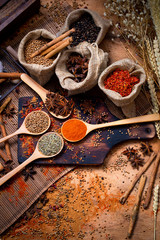 Colorful various spice and herbs in wood spoon on natural texture burned wood plate.