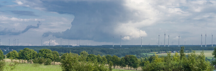 Landscape in Germany with many wind turbines, panorama