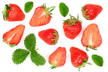 Strawberries decorated with green leaves isolated on white background. Top view. Flat lay pattern