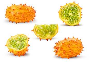 Set kiwano, horned melon, whole, slice, cut in half