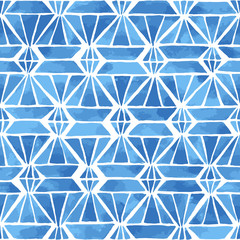 Hand painted mosaic background with diamonds and triangles in indigo blue. Stained glass imitation. Seamless geometric vector pattern