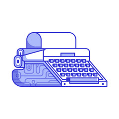 Fototapeta premium Vintage typewriter with paper blank. Retro wooden writing machine for hand typing. Mechanical old type writer icon. Hand typing retro machine in line art style. Typists device in flat design.