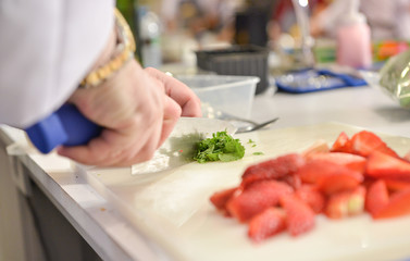 Chef preparing food, meal, in the kitchen, chef cooking, Chef decorating dish, closeup