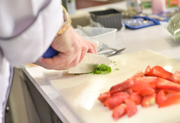 Chef preparing food, meal, in the kitchen, chef cooking, Chef decorating dish, closeup