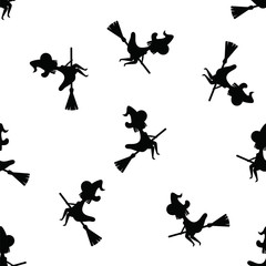 Halloween pattern black witch silhouette flying on broom on white background. Seamless pattern witch on broomstick in night sky. Halloween concept.