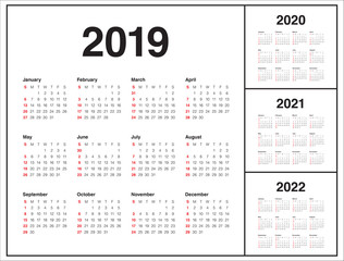 Year 2019 2020 2021 2022 calendar vector design template