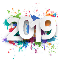 Happy new Year 2019 celebration with colorful spray paint template background. Vector paper illustration.
