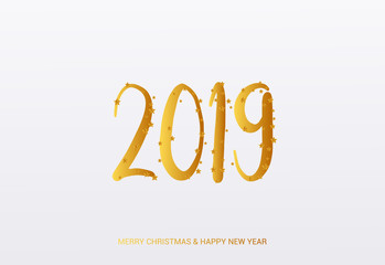2019 year card with stars in golden design. Merry Christmas and Happy New Year Text.