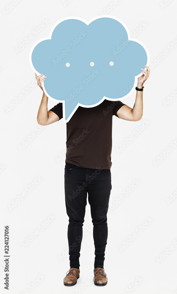 Poster Man holding a blank speech bubble symbol