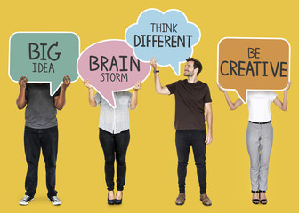 Diverse people with creative inspiration speech bubbles