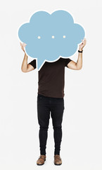 Man holding a blank speech bubble symbol