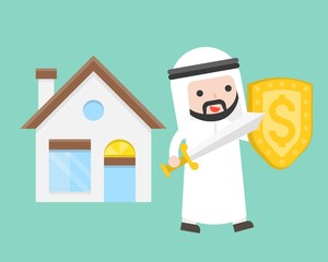 Cute arab businessman carry sword and shield protecting house , business situation insurance of property concept