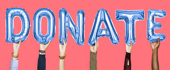 Blue alphabet balloons forming the word donate