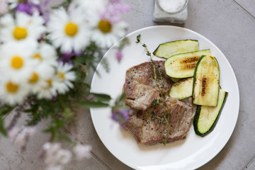 home cooked dish: pork with zucchini pumpkin