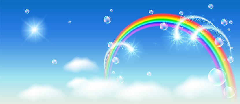Rainbow with firework and clouds in the sky and bubbles