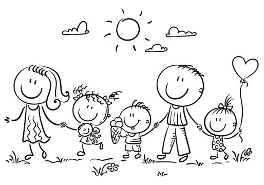 Family with three children walking outdoors, outline