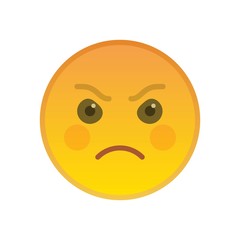 Angry emoticon isolated on white background. Furious yellow emoji symbol. Social communication and internet chatting vector element. Screaming smile face with facial expression in flat style.