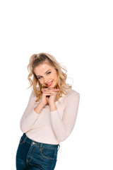 portrait of beautiful young blonde woman smiling at camera isolated on white
