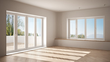 Fototapeta na wymiar Modern empty space with big panoramic windows and wooden floor, minimalist white architecture interior design