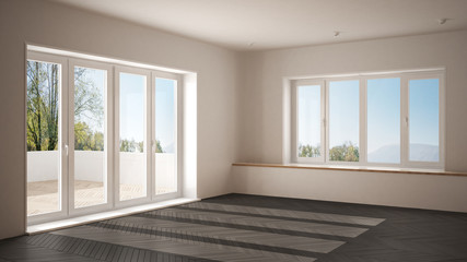 Modern empty space with big panoramic windows and wooden floor, minimalist white and gray architecture interior design