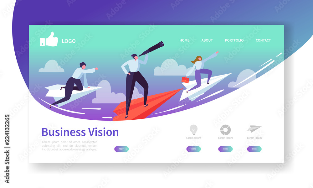 Poster business vision landing page template. website layout with flat people characters flying on paper pl