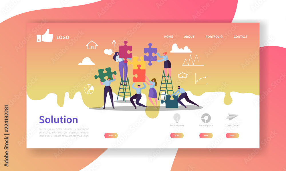 Poster team work landing page template. website layout with flat people characters with puzzle. easy to edi