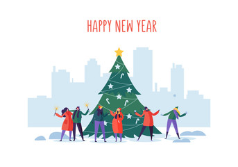 Winter Holidays in the City. New Year and Christmas Party on Cityscape with Flat People Characters Celebrating. Xmas Urban Landscape. Vector illustration