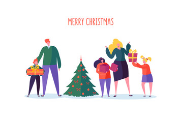 Happy Family Celebrating Winter Holidays with Christmas Tree and Gifts. Parents and Children on New Year Party. Vector illustration