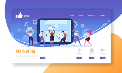 Social Marketing Landing Page Template. Website Layout with Flat People Characters Advertising. Easy to Edit and Customize Mobile Web Site. Vector illustration