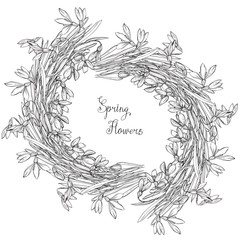 snowdrops, wreath of flowers,coloring books for children and adults, black and white,  ink, pen, handmade, leaves, buds, flowers