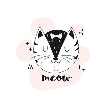 Illustration of cat with pink bow