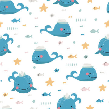 Seamless background with whales for children